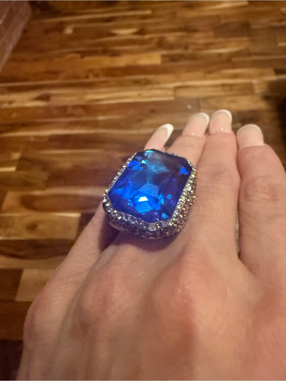 New Blue Statement Cocktail Ring with Crystal Halo gemstone fun costume gold